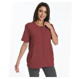 Post Mastectomy Zip Up Shirts with Drain Pockets After Breast Surgery Recovery Nephrostomy Bag Supplies Must Haves Clothing Cotton Comfy Short Sleeve Shirts Wine Red