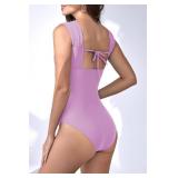 B2prity Womens One Piece Swimsuit Retro Square Neck Tummy Control Bathing Suits Ruched Modest Full Coverage Swimwear(Lavender)