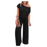 KIRUNDO Black Jumpsuit for Women Casual Summer Loose One Piece Outfits Off Shoulder Wide Leg Jumpsuit Overalls Stretchy Long Pant Rompers with Pockets 2024(Black, Medium)