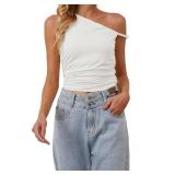 OLAPTA Women One Shoulder Off Ruched Crop Tank Tops Sleeveless Twist Strap Slim Fit Summer Cami Shirts Sexy Going Out Tops (Medium,White)