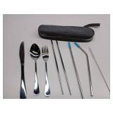 Travel Utensils Set with Case Reusable Portable Cutlery Set Stainless Steel 8pcs Including Dinner Knife Fork Spoon Chopsticks Straws(Silver)