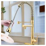 Kitchen Faucet Brushed Gold Kitchen Faucet Kitchen Faucet with Pull Down Sprayer, Serimer Commercial Spring Kitchen Faucet Single Handle High Arc Kitchen Faucet Deck Plate for Camper Farmhouse RV Bar 