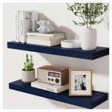 Dark Blue Floating Shelves 24 Inch, Solid Wooden Wall Shelves Set of 2, Rustic Floating Wall Shelves for Decor & Storage for Living Room Bedroom Bathroom