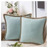 Phantoscope Pack of 2 Farmhouse Decorative Throw Pillow Covers,Solid pattern for home Burlap Linen Trimmed Tailored Edges Light Turquoise 18 x 18 inches, 45 x 45 cm