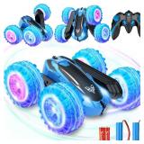 KKONES Remote Control car,2.4GHz Electric Race Stunt Car,Double Sided 360° Rolling Rotating Rotation, LED Headlights RC 4WD High Speed Off Road for 3 4 5 6 7 8-12 Year Old Boy Toys (Blue)