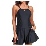 Smismivo Shorts Romper for Women Plus Size Summer Modest One Piece Swimsuit High Neck Swimdress Jumpsuit with Pockets Swim Dress Bathing Suit Black, Size XXXL