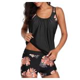 Yonique Two Piece Tankini Bathing Suits T-Back Blouson Swim Tops with Boy Shorts Women Swimsuits Sporty Swimwear Black and Flowers XXL