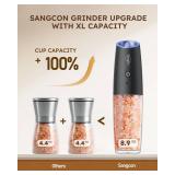 Sangcon Gravity Electric Salt and Pepper Grinder Set Shakers - UPGRADED RECHARGEABLE 9OZ XL Capacity USB-C No Battery Needed - LED Light One Hand Operation, Adjustable Coarseness Automatic Mill Set