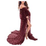 Saslax Soft Stretchy Lace Maternity Dress for Photoshoot Doubly Split A-line Skirt Off Shoulder Pregnancy Maxi Gown Wine Small