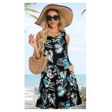 Tshirt Dresses for Women Summer Casual Loose Beach Boho Sleeveless Floral Sundress Pockets Swing Cover Up(Green Leaf,3X)