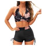 Yonique Women Bikini Set with Swim Shorts 2 Piece Swimsuit with Boyshorts Halter High Waisted Bathing Suit Orange Floral S