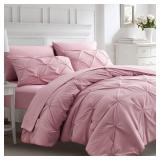 Ubauba 7pc Pink Queen Comforter Set, Pintuck Bed in a Bag Blush Bed Set with Comforters and Sheets 7 Piece, All Season Pinched Bedding Sets for Women (Pink,Queen Size)