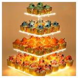 YestBuy 4 Tier Cupcake Stand Acrylic Tower Display with LED Light Premium Holder Dessert Tree Tower for Birthday Candy Bar Decor Weddings, Parties Events (Yellow Light)