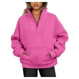 Trendy Queen Sweatshirts Half Zip Pullover Quarter Zip Oversized Hoodies Sweaters Comfy Fall Outfits 2024 Y2K Winter Clothes HotPink M