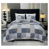 Navy Blue Gray Oversized King Bedspread Set 128x120 Extra Wide, 3 Piece Quilt Set Patchwork Plaid Bedding Set Quilted Bedspread Coverlet Set Reversible Lightweight Microfiber Bed Cover Comforter Set