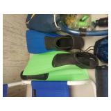 snorkel equipment fins,goggles, chair and blanket