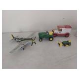 die cast John Deere tractors and plane and a bank