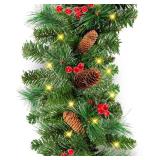 9ft Pre-Lit Xmas Garland w/Lights, Pine Cones