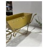 Small metal wheelbarrow 8.5x19.5x5, ceramic pitcher and faux flowers