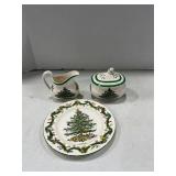 Vintage Spode Christmas tree 8 inch plate, cream and sugar bowl