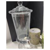 Apothecary drink dispenser, plastic cups, glass wine glass and ice bucket no lid