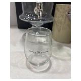 Apothecary drink dispenser, plastic cups, glass wine glass and ice bucket no lid