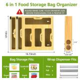 Lawmoliw Bag Storage Organizer for Kitchen Drawer, 6 in 1 Foil and Plastic Wrap Dispenser with Cutter, Bamboo Plastic Bag Food Baggie Organizer for Gallon, Quart, Sandwich, Snack