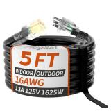 16/3 Gauge Black Outdoor Extension Cord 5 ft Waterproof with Lighted Indicator, Cold Weatherproof -40Â°C, Flexible 3 Prong Long Extension Cord Outside,3A 1625W 16AWG SJTW, ETL Listed PlugSaf