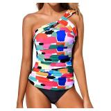 Tempt Me Color Block Two Piece Tankini Bathing Suits for Women One Shoulder Swim Top with Bottom Swimsuits S