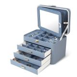 KAMIER Large Jewelry Box Organizers - 4 Tier Leather Jewelry Storage Case with Lock and Mirror - Jewelry Organizers for Women Girls Ring Necklace Earring Bracelet Holder, Bluish Grey