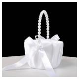 ATAILOVE Wedding Flower Girl Baskets with Pearl Handle, Satin Bowknot Flower Baskets for Flower Girl Pearl Collection, White