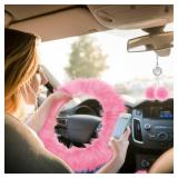 6 Pieces Fluffy Car Accessories Set Fluffy Steering Wheel Cover Soft Fuzz Handbrake Cover Gear Shift Cover Bling Car Mirror Fuzz Car Decoration 2 Pieces Bling Car Pad (Pink, Long Hair)