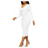 ZonJie White Church Dress for Women Casual Ruched Bodycon V Neck Long Sleeve Business Work Pencil Sheath Midi Dresses XXL