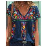 Melliflo Fiesta Mexican Shirts for Women V Neck Floral Print Boho Short Sleeve Casual Embroidered Tops(XXL,NB)