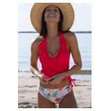 Beachsissi Womens Ruffled Design Cute Swimsuits Tummy Control Tankini Set, Red, M