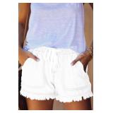 YOCUR Womens Denim Shorts Flowy Board Shorts Elastic Waist Tassel Drawstring Shorts Juniors Lounge Jean Shorts White XS