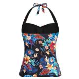 Women Tankini Bathing Suit Top - Halter Swim Tops Only Tummy Control No Bottom Swimwear Black Flower XL