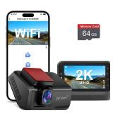 Dash Cam for Cars, 2K Car Camera WiFi, Front Dash Camera for Cars, Mini Dash Cam with Super Night Vision, Free 64GB Card, 24H Parking Monitor