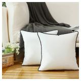 LIGICKY Set of 2 White Velvet Throw Pillow Covers Modern Minimalist Style Solid Decorative Black Rope Edging Soft Square Cushion Cases for Sofa Bedroom Party DÃ©cor, 12 x 12 inch