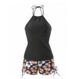 SOLY HUX Tankini Swimsuits for Women Halter Tops and Floral Print Shorts Bathing Suits Two Piece Swimsuit Black Floral Large