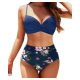 Aqua Eve Women Underwire Bikini High Waisted Bathing Suit Tummy Control Two Piece Swimsuit Navy Floral XL