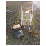 Rolling tape measure, folding grocery cart, 2 lock boxes and sprinkler head