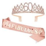 Casoty 60th Birthday Sash and Tiara for Women, 60th Birthday Decorations Women, Rose Gold 60th Crown and "60 & Fabulous" Sash Set, 60 Birthday Decorations for Women, 60th Birthday Gifts for Women