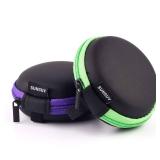 SUNGUY [2-Pack] Earbuds Cases, Small Round Pocket Earbud Travel Carrying Case Pouch with Carabiners for Earbuds, Headsets, in-Ear Headphones, Hearing Aids, USB Cable and More (Green + Purple)