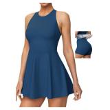 Ewedoos Small Tennis Dress Womens Athletic Dress Built-in Easy Peezy Shorts & Bra High Neck Adjustable Straps Workout Dresses Indigo