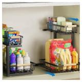 APXPF 2 Pack Under Sink Organizer 2 Tier Under Sink Organizers and Storage Adjustable Kitchen Pull out Cabinet Organizer Metal Sliding Drawer for Bathroom Pantry Cabinet Closet Organization Rack Black