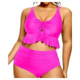 Daci Women Plus Size High Waisted Bikini Ruffle Ruched Tummy Control Two Piece Swimsuits Deep Pink L