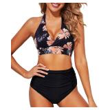 Tempt Me Women Black Orange Floral Two Piece High Waisted Bikini Swimsuits Push Up Halter Tummy Control Bathing Suits S