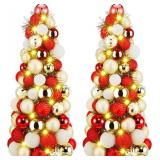 Yuxung 2 Pcs 16 Inch Christmas Ball Tree with 2 Led String Lights Mini Tabletop Cone Shaped Christmas Tree Ball Ornament Table Centerpiece for Xmas Holiday Room Decor(Red, White and Gold)