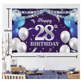 Happy 28th Birthday Banner Backdrop Navy Blue Balloons Confetti Stripe Flag Light Spots Cheers to 28 Years Old Theme Decorations Decor for Women Men 28th Birthday Party Bday Supplies Glitter Silver